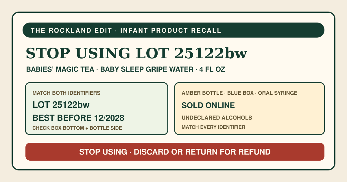 The Rockland Edit recall card identifying Babies’ Magic Tea Baby Sleep Gripe Water, lot 25122bw, Best Before 12/2028, with instructions to stop using and discard or return it
