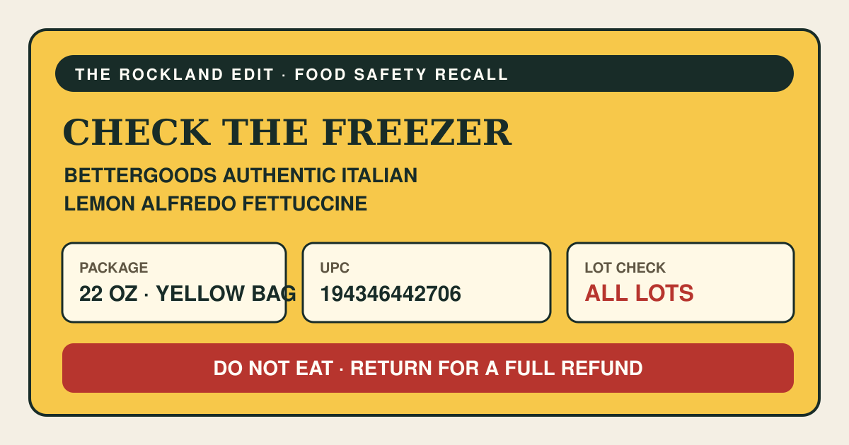The Rockland Edit food-recall card identifying 22-ounce Bettergoods Authentic Italian Lemon Alfredo Fettuccine, UPC 194346442706, all lots, with instructions not to eat it and to return it for a refund