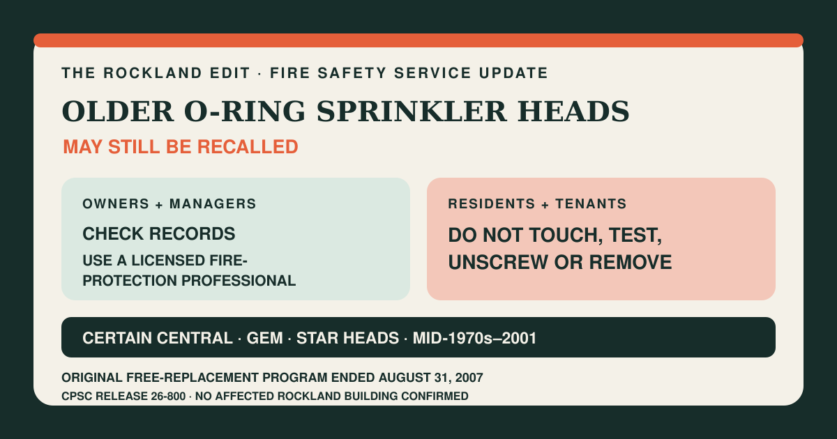 The Rockland Edit fire-safety card telling owners and managers to check records for certain Central, Gem and Star O-ring sprinkler heads through a qualified fire-protection professional and telling residents not to touch or test the equipment