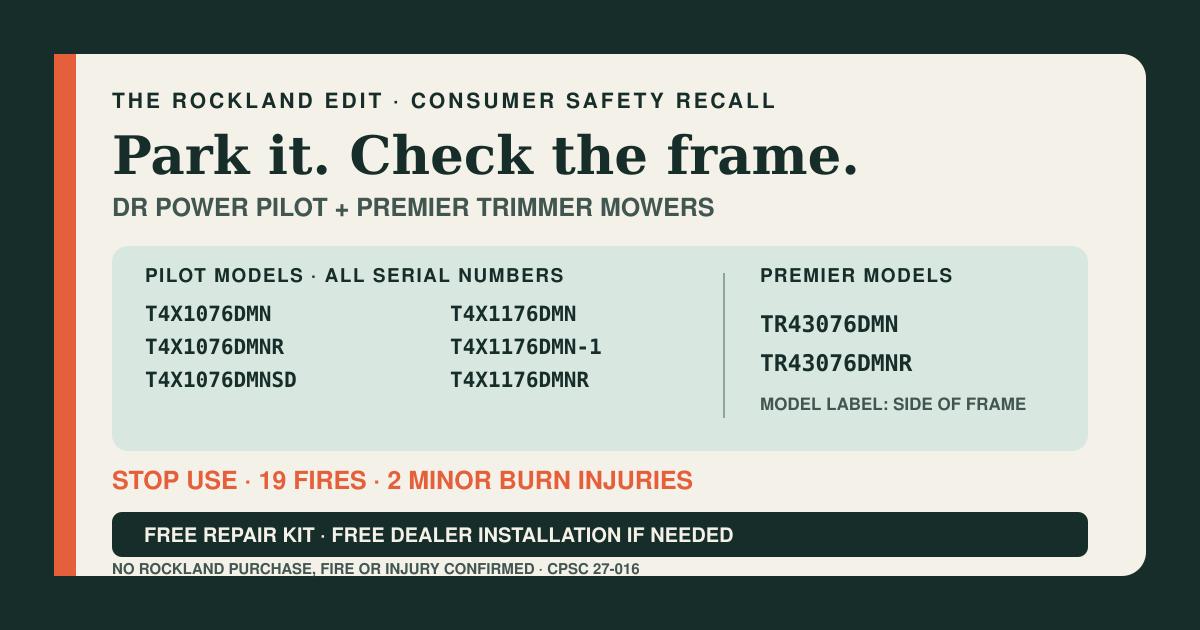 The Rockland Edit recall card listing eight DR Power Pilot and Premier trimmer-mower model numbers and instructions to stop use and request a free repair