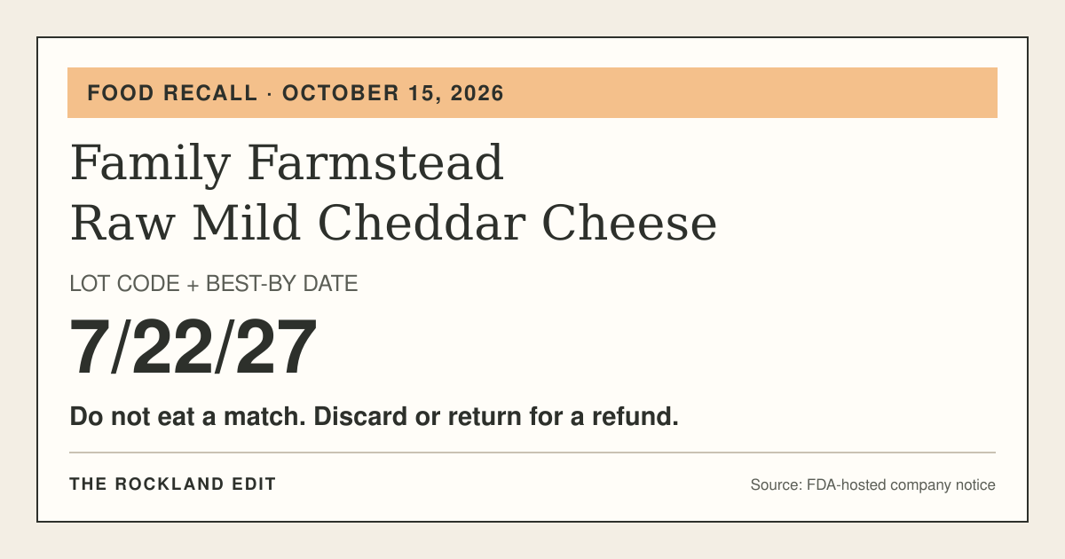 Recall identification card: Family Farmstead Raw Mild Cheddar Cheese, lot code and best-by date 7/22/27. Do not eat a match; discard it or return it for a refund. October 15, 2026.