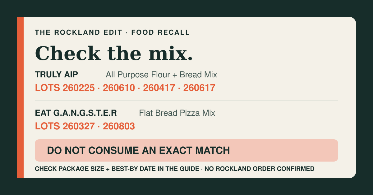 The Rockland Edit food-recall card listing two Truly AIP flour lots, two Truly AIP bread-mix lots and two EAT G.A.N.G.S.T.E.R flat-bread pizza-mix lots, with instructions not to consume an exact match