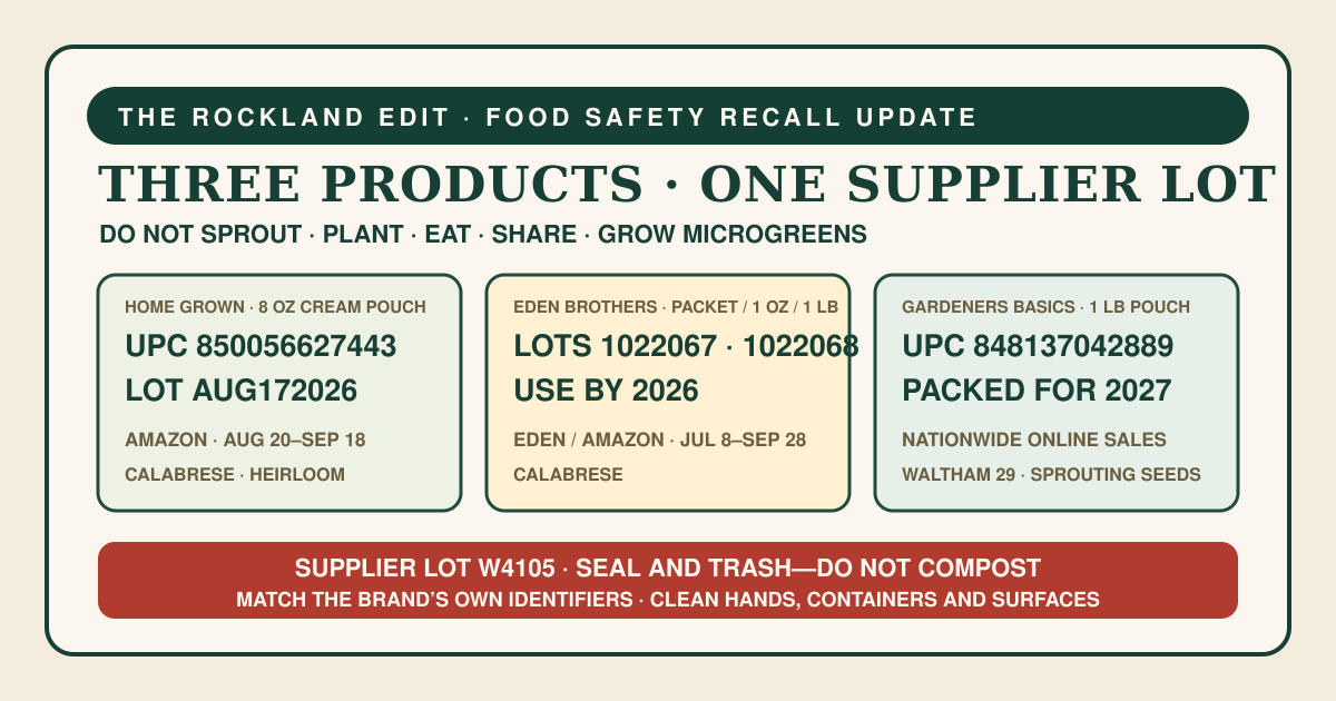 The Rockland Edit recall-update card comparing Home Grown, Eden Brothers and Gardeners Basics broccoli-seed products and listing each product’s exact retail identifiers