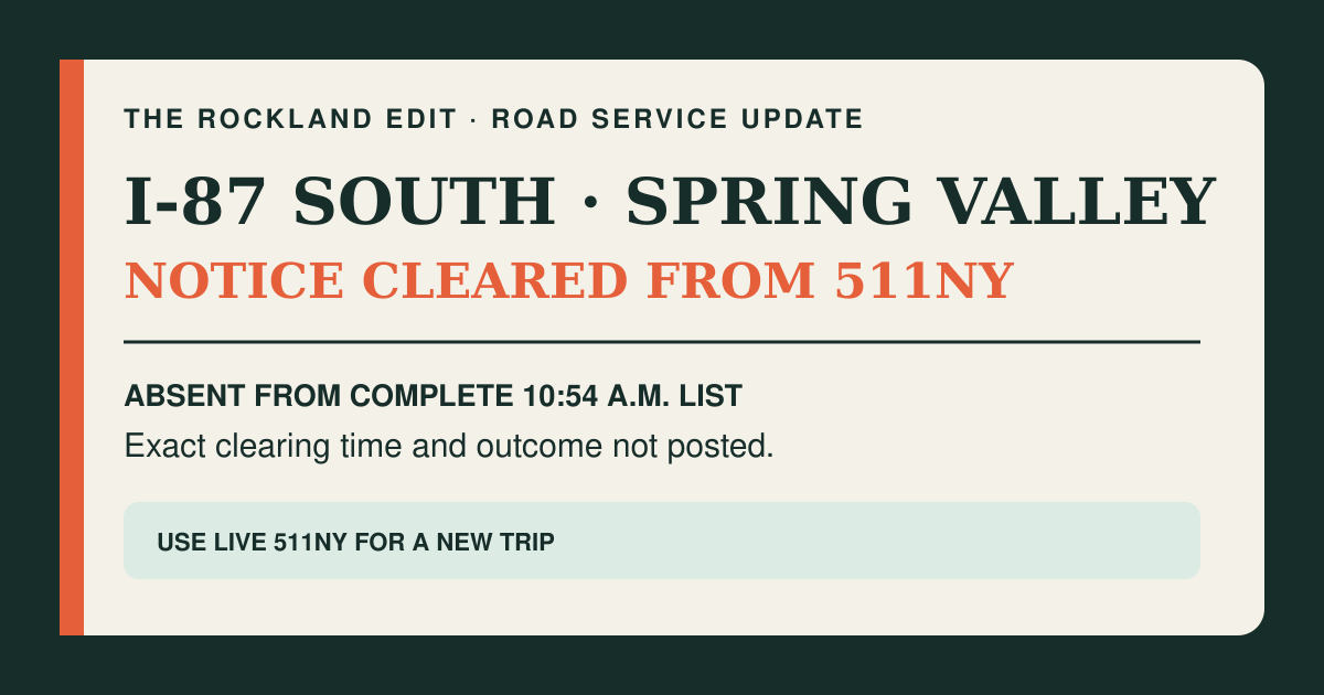 The Rockland Edit closeout card stating that the Spring Valley I-87 south crash notice was no longer in the complete 10:54 a.m. 511NY list