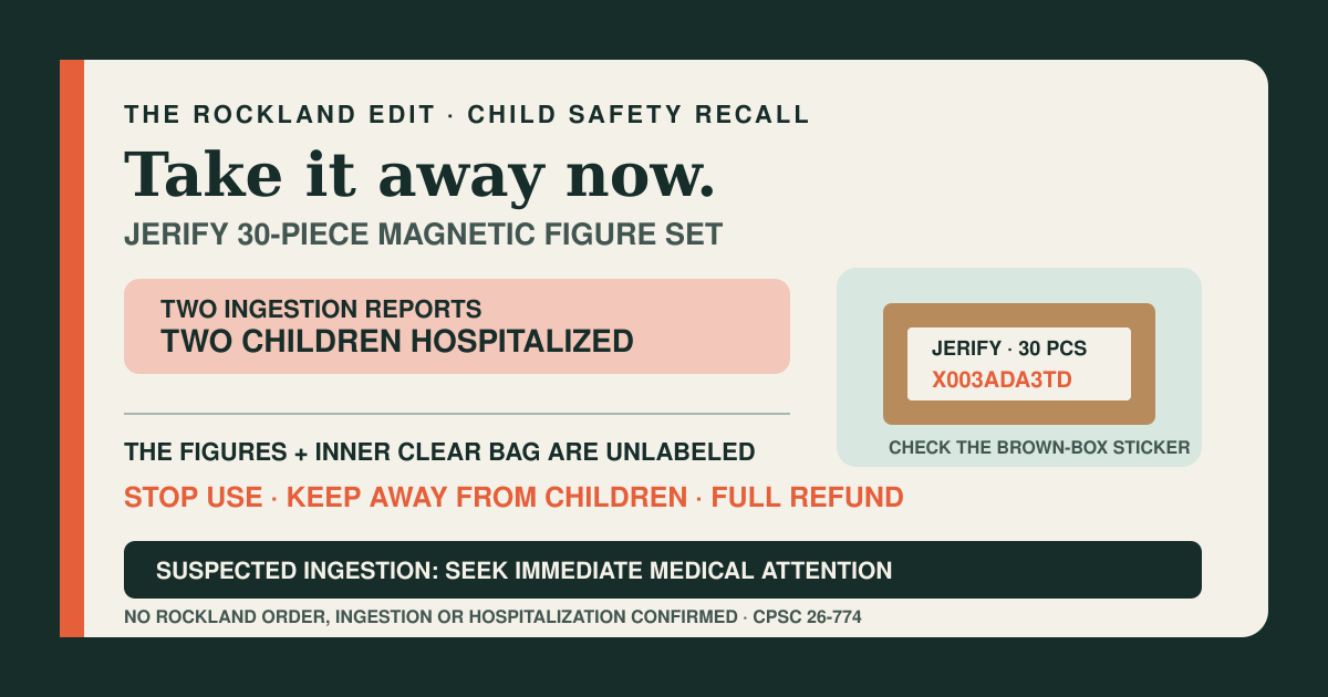 The Rockland Edit recall card identifying Jerify 30-piece magnetic figure sets by brown-box sticker X003ADA3TD and telling caregivers to take them away from children