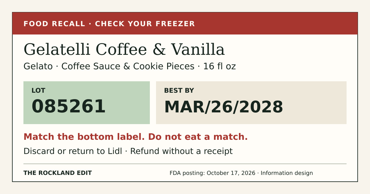 Gelatelli Coffee & Vanilla Gelato recall: lot 085261, best by MAR/26/2028. Check the bottom label and do not eat a match.