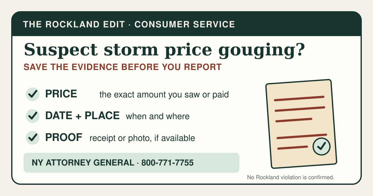 The Rockland Edit checklist telling residents to save the price, date, location, receipt or photo when reporting suspected storm price gouging to the New York Attorney General