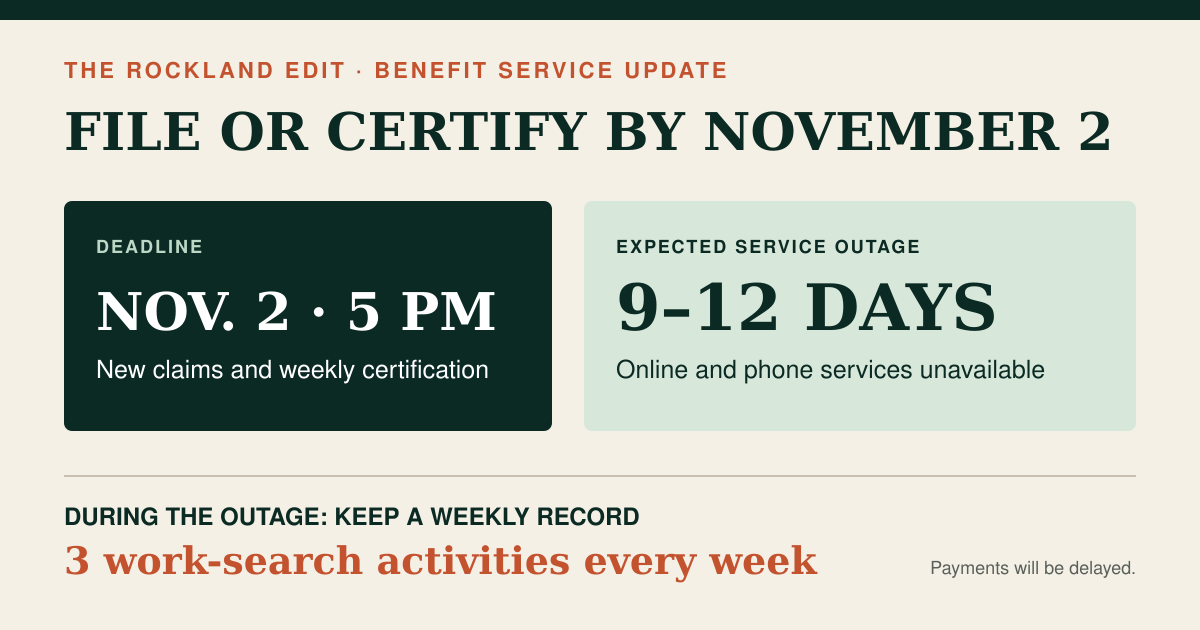 The Rockland Edit service card showing New York's 5 p.m. November 2 unemployment filing and certification cutoff, an expected 9-to-12-day service outage and the three weekly work-search requirement