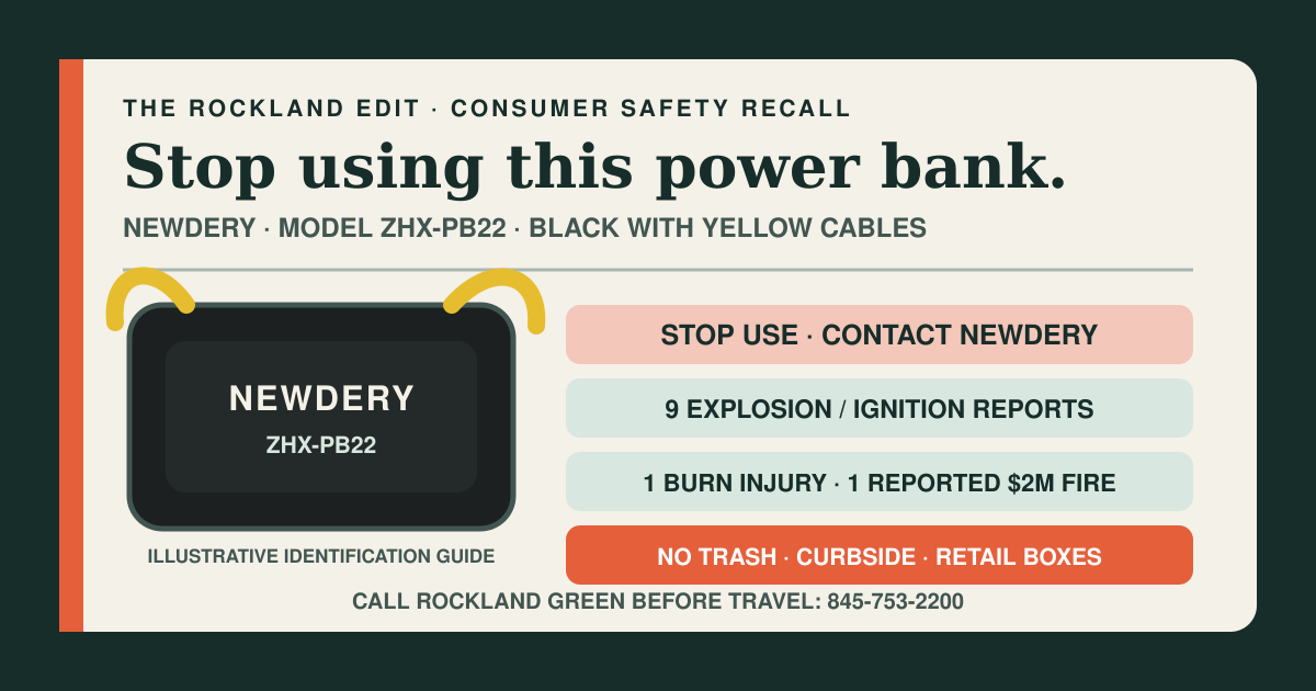 The Rockland Edit recall card identifying black NEWDERY power bank model ZHX-PB22 with yellow cables and telling owners to stop using it and keep it out of trash, curbside recycling and retail battery boxes