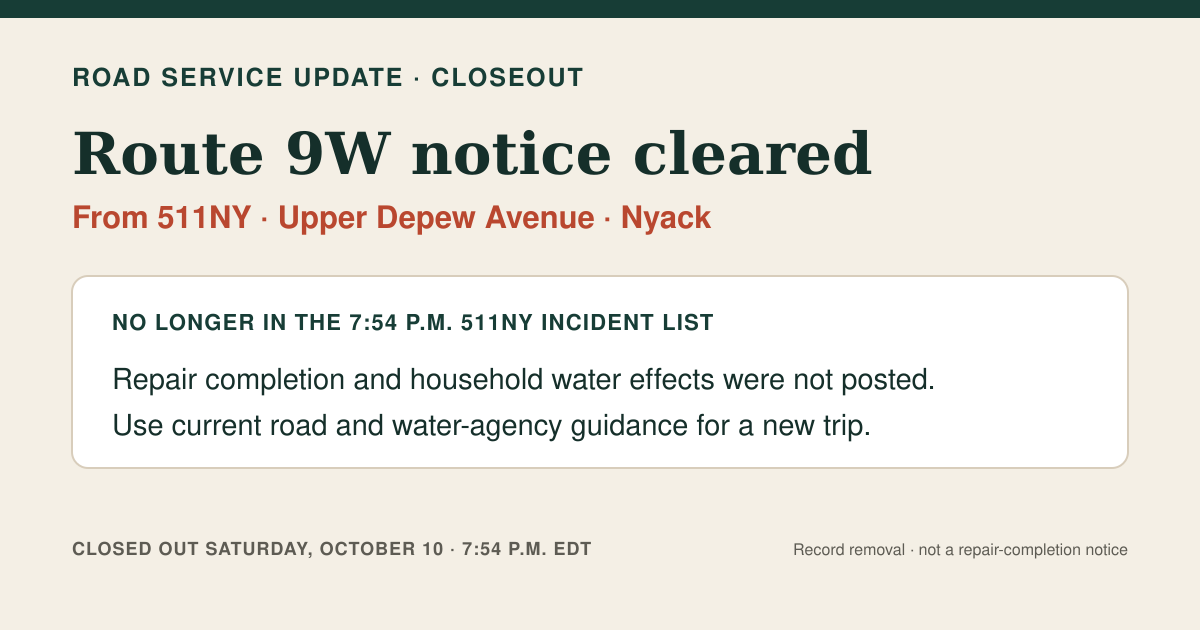 The Rockland Edit closeout card stating that the Route 9W water-main notice at Upper Depew Avenue was no longer in the 7:54 p.m. 511NY list