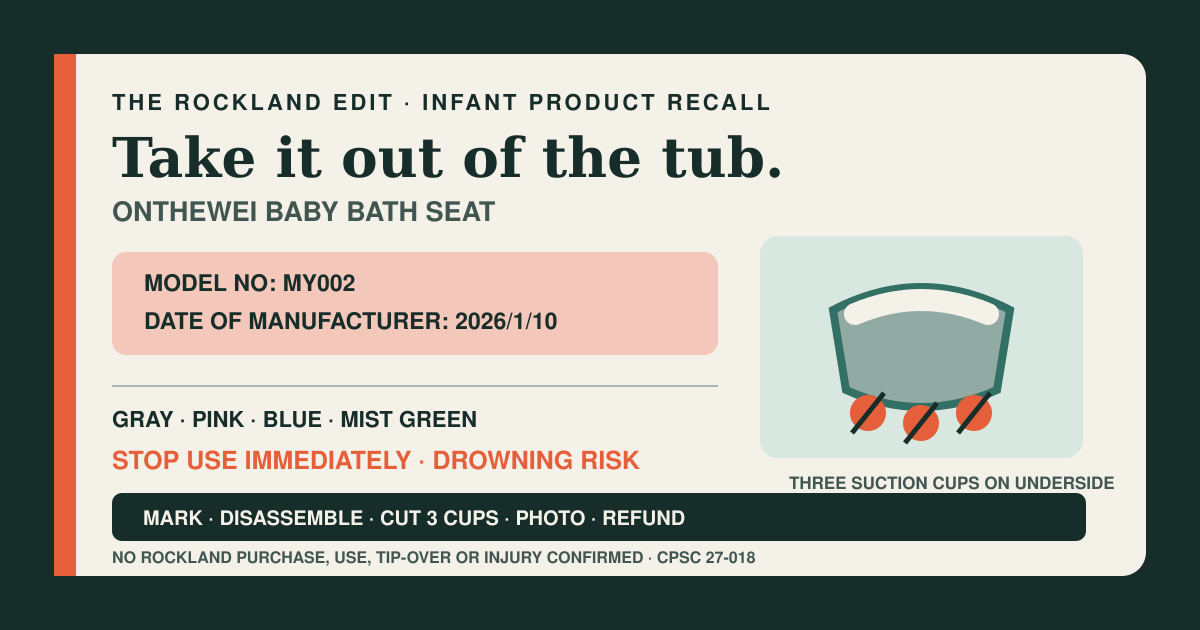 The Rockland Edit recall card identifying ONTHEWEI baby bath seat model MY002 with manufacture date 2026/1/10 and instructions to stop use, destroy it and request a refund