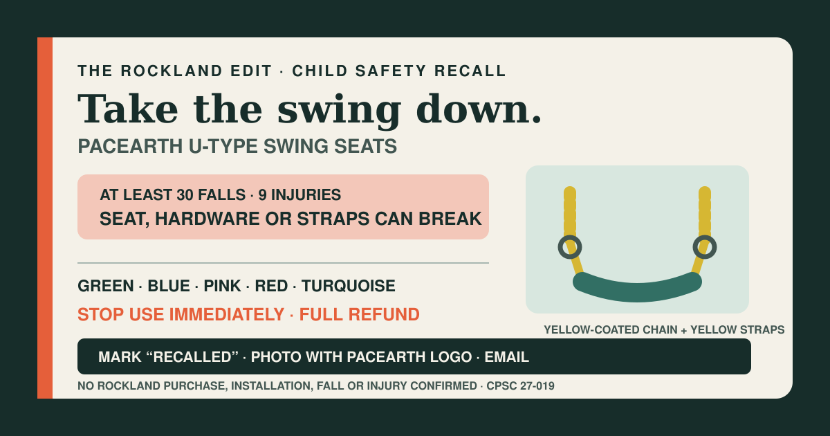 The Rockland Edit recall card identifying PACEARTH U-type swing seats with yellow-coated chains and yellow webbing straps, and telling owners to stop use and request a refund