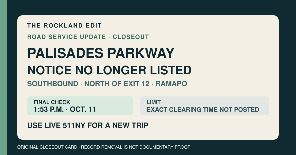 The Rockland Edit closeout card stating that the southbound Palisades Parkway crash notice north of Exit 12 was no longer in the 1:53 p.m. 511NY list