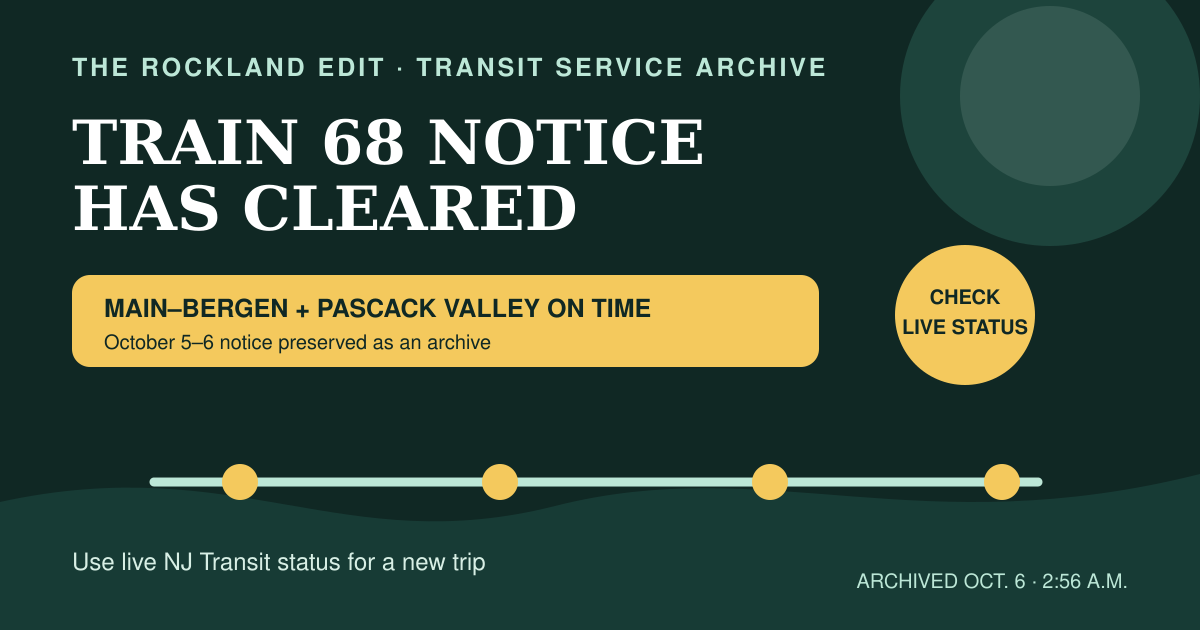The Rockland Edit archive card stating that the train 68 delay notice has cleared and Main–Bergen and Pascack Valley are on time