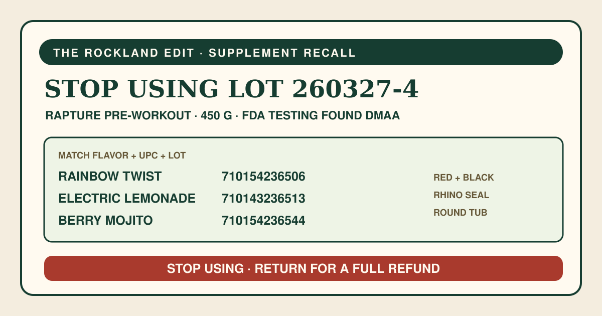 The Rockland Edit recall card listing Rapture Pre-Workout lot 260327-4 and the Rainbow Twist, Electric Lemonade and Berry Mojito UPCs, with instructions to stop using and return a match