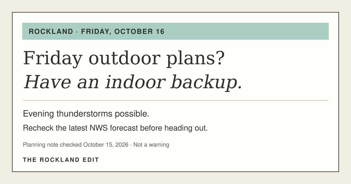 Rockland planning note for Friday, October 16: evening thunderstorms possible; have an indoor backup and recheck NWS. Forecast checked October 15, 2026.