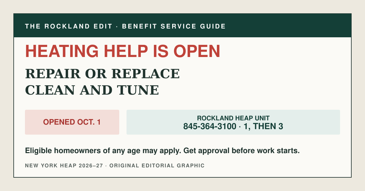 The Rockland Edit benefit card stating that Rockland HEAP heating repair or replacement and clean-and-tune help opened October 1, with the County HEAP Unit phone number