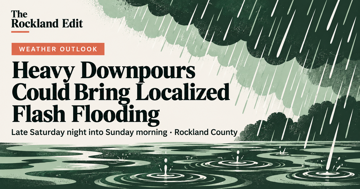 The Rockland Edit weather-outlook illustration stating that heavy downpours could bring localized flash flooding late Saturday night into Sunday morning in Rockland County