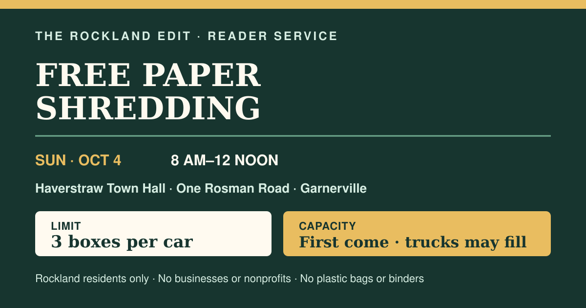 Archived Rockland Edit service card preserving the posted October 4 Haverstraw paper-shredding hours, three-box-per-car limit and first-come capacity warning