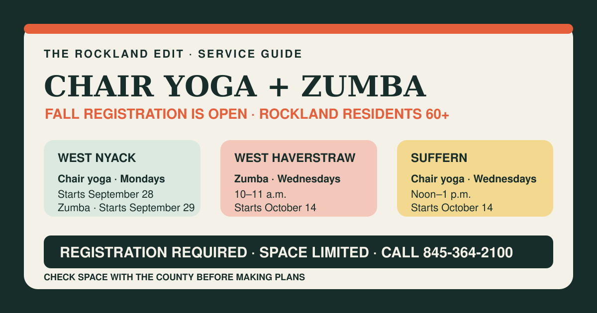 The Rockland Edit service card for fall chair yoga and Zumba series for Rockland residents age 60 and older in West Nyack, Suffern and West Haverstraw, with registration phone number 845-364-2100
