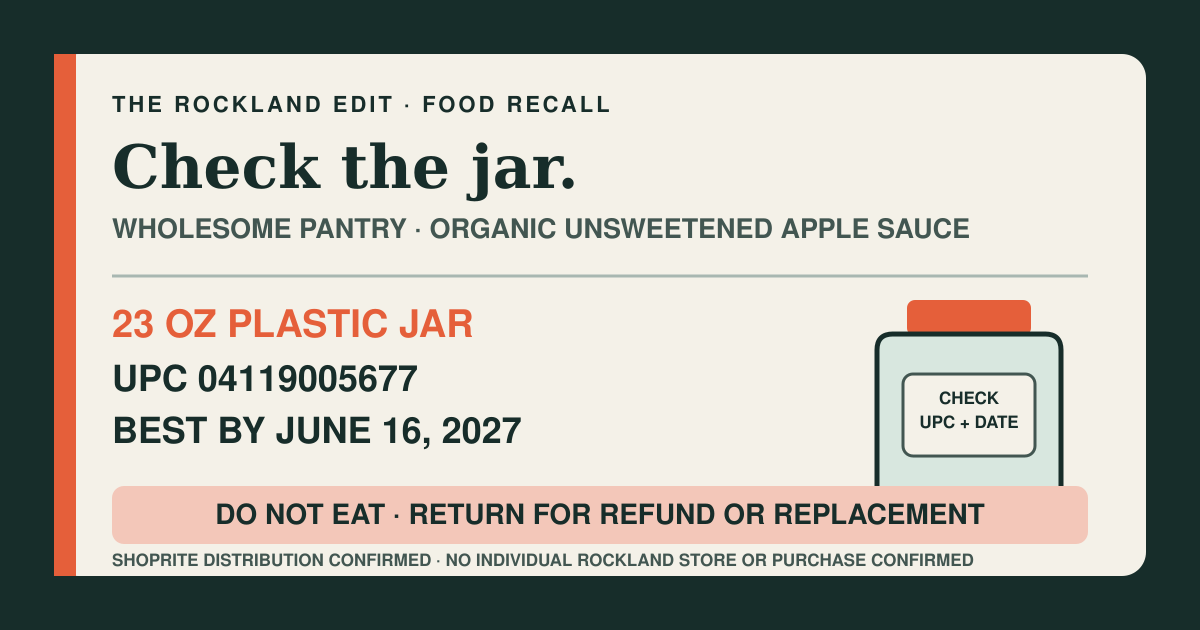 The Rockland Edit food-recall card telling readers to check 23-ounce jars of Wholesome Pantry Organic Unsweetened Apple Sauce for UPC 04119005677 and a June 16, 2027 best-by date, and not to eat an exact match